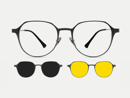 Oval Titanium Magnetic Clip-on Eyeglasses Sunglasses (5-in-1) Gunmatel